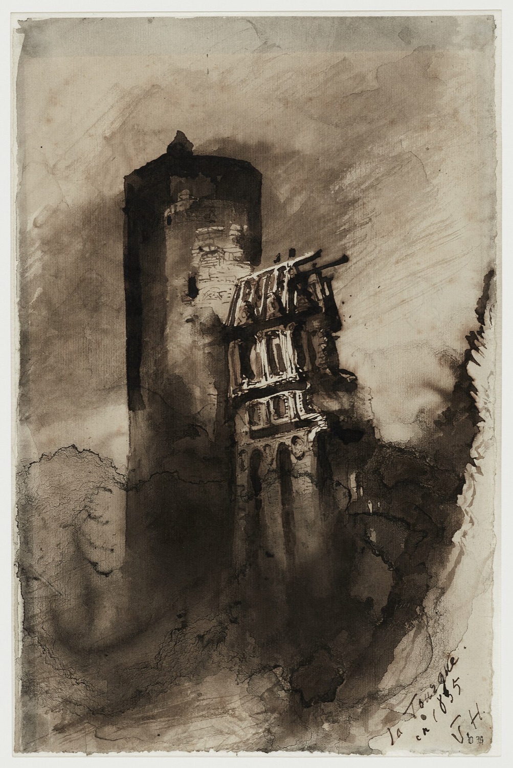 Dessin à la plume et au lavis de Victor Hugo : la haute tour ronde à gauche, couronnée d’un parapet ; à droite et en avant, le châtelet du pont en ruine, ses fenêtres vides au-dessus des arches ; un ciel d’encre brune. Inscription : la Tourgue en 1835, V. H.